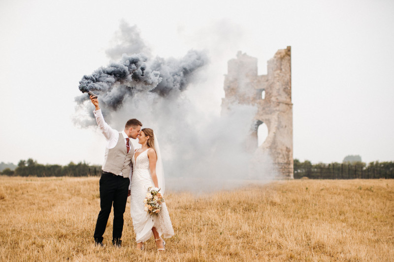 Smoke bomb wedding couple photos.